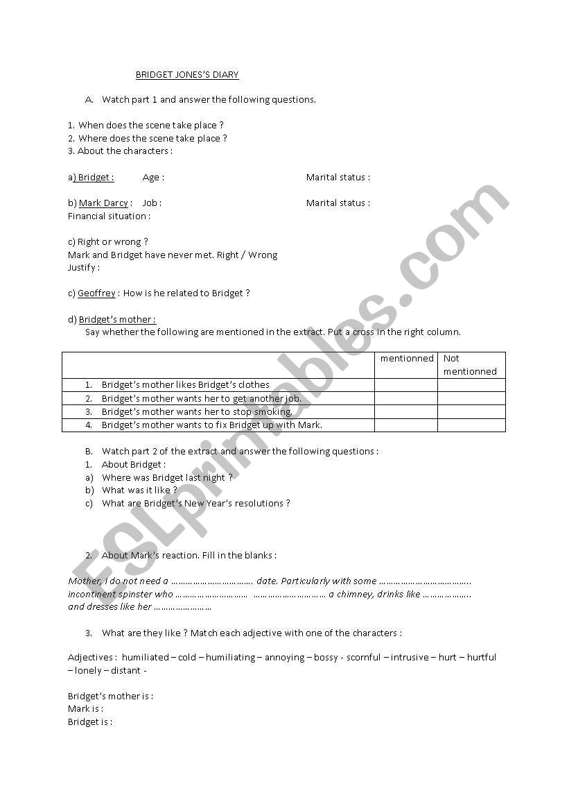 BRIDGET JONES DIARY worksheet