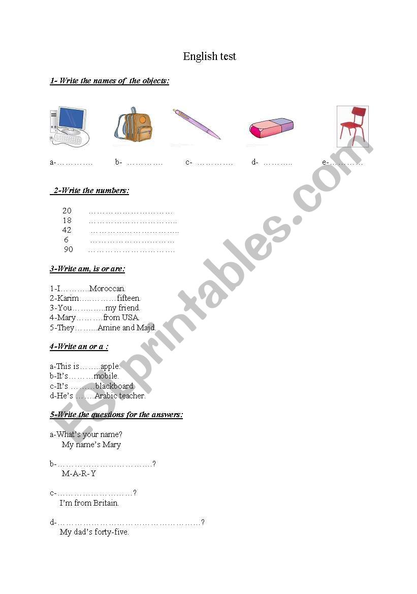 a test for beginners worksheet