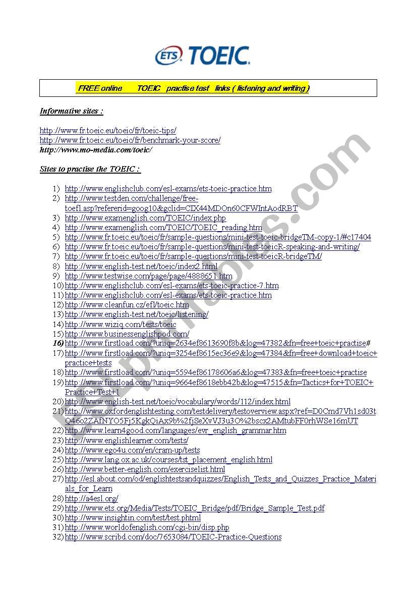 TOEIC sites to prepare the exam