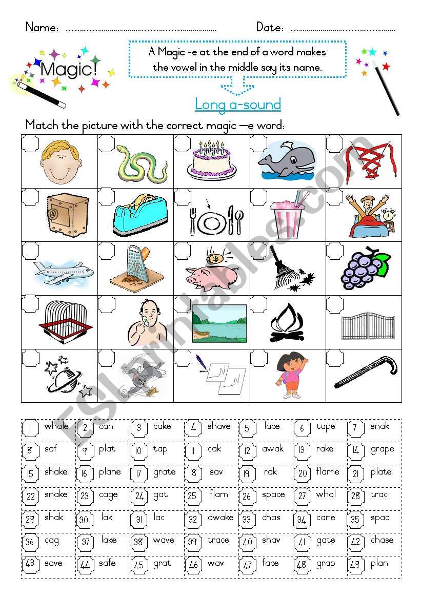 Magic -e -- Long a sound worksheet