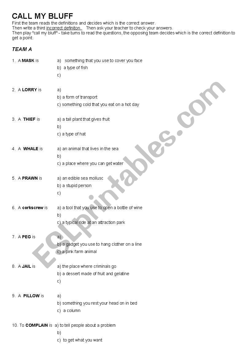 Call My Bluff vocab game worksheet