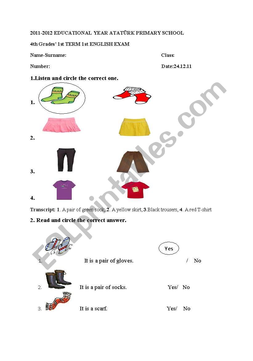 clothes exam worksheet