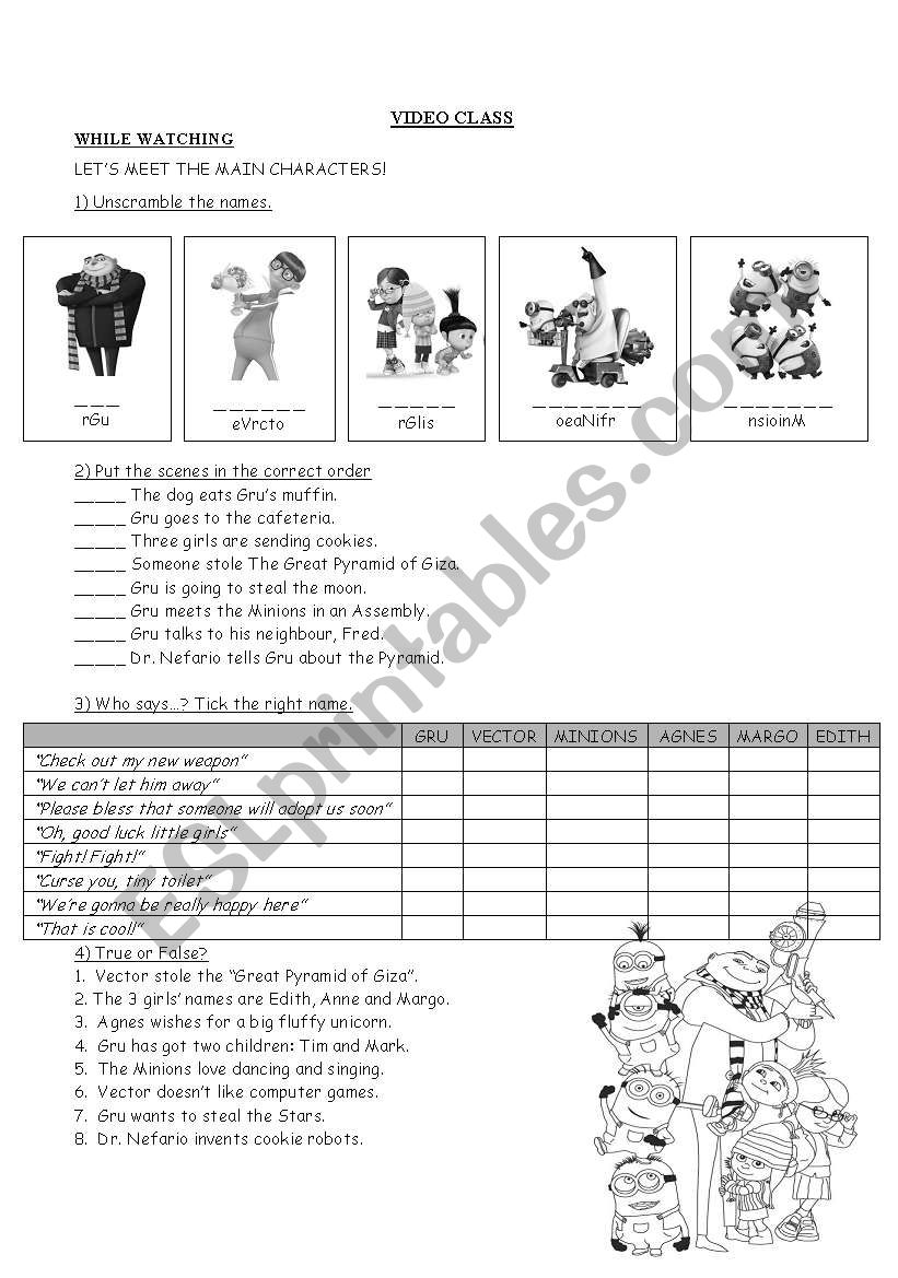 Video class: Despicable Me worksheet