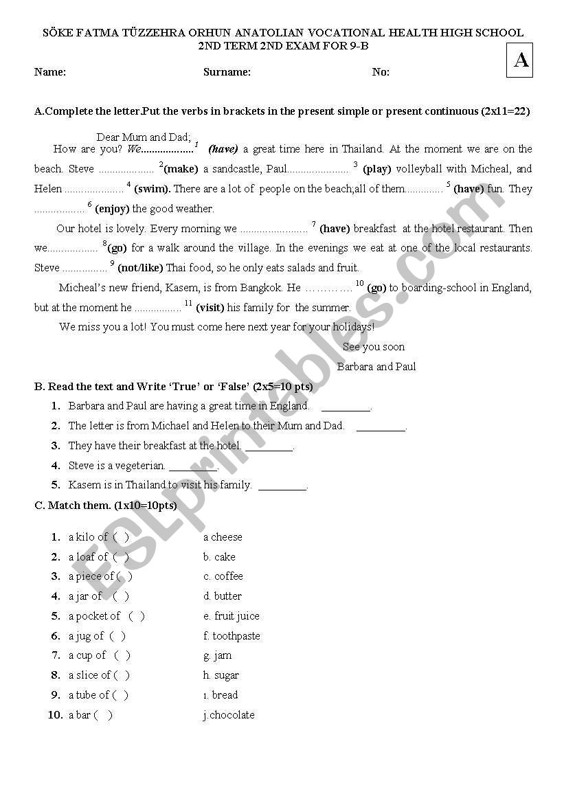 9th grades 2nd exam worksheet