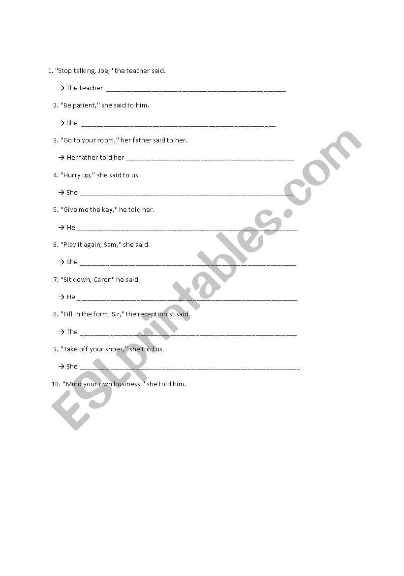 test on reported speech worksheet