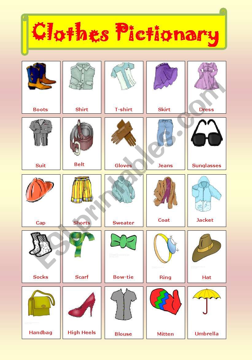 Clothes pictionary worksheet