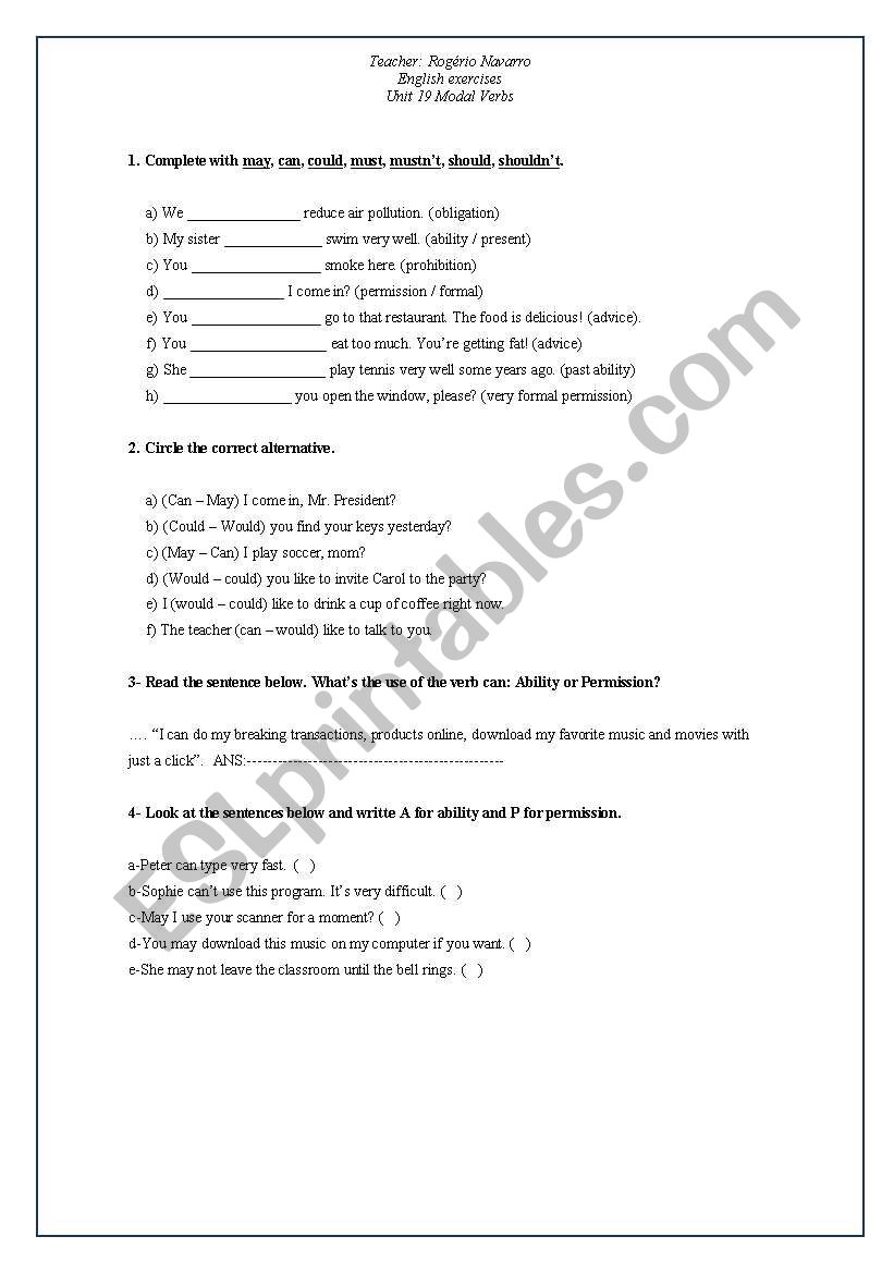 Modal Verbs worksheet