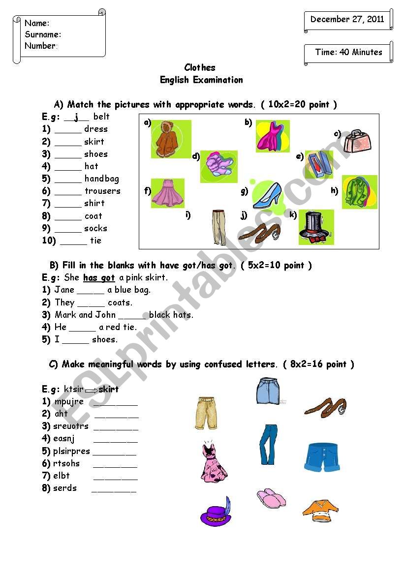 Clothes Examination worksheet