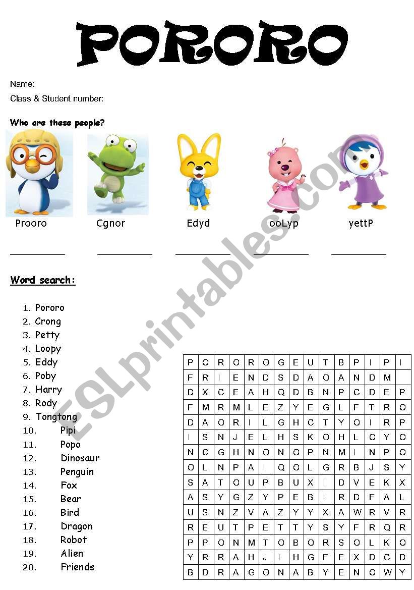 Pororo Word Search worksheet