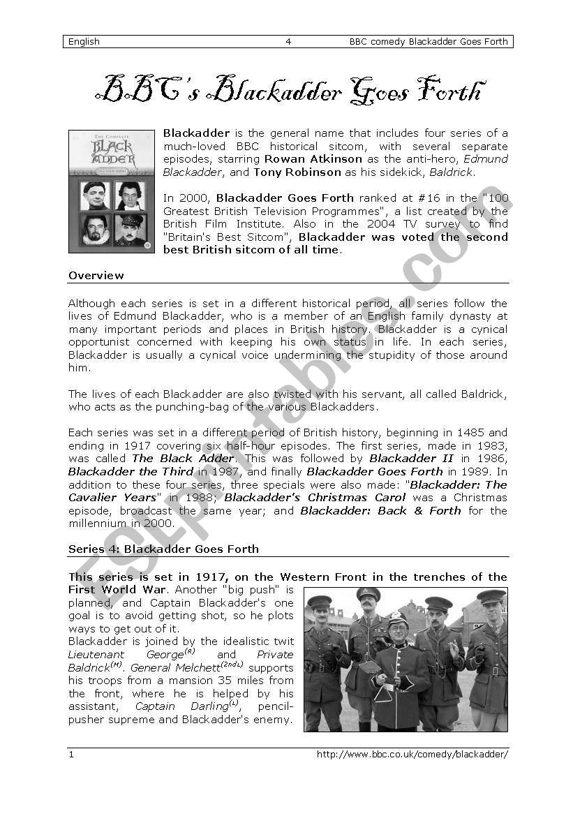 DVD-lesson BBCs Blackadder worksheet