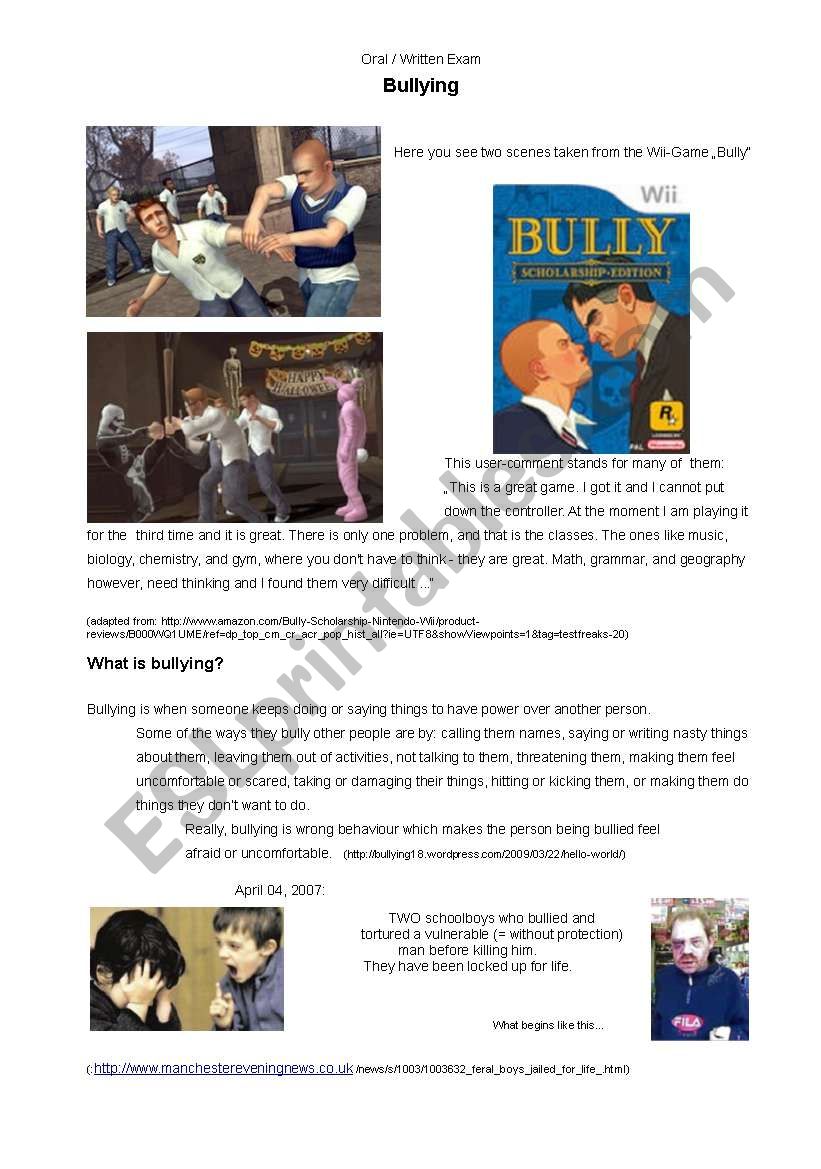 Bullying - to be used as classroom activity / oral exam / written exam