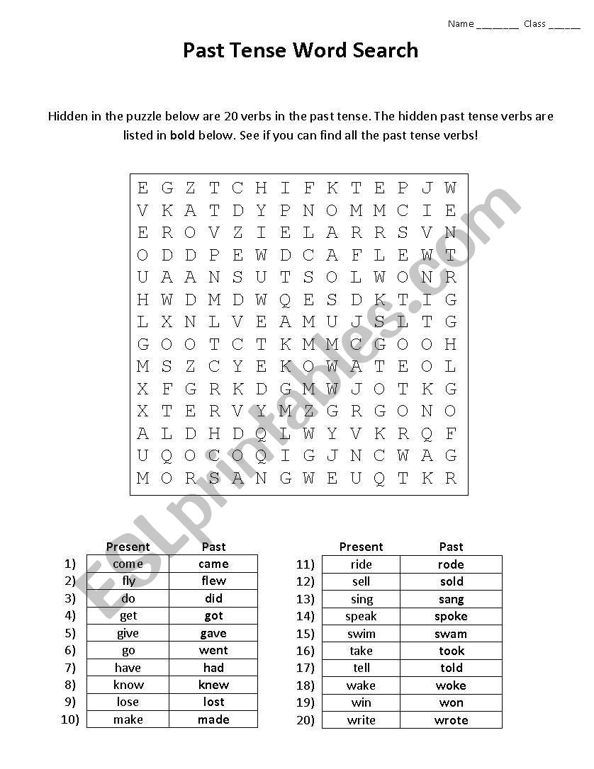 Past Tense Word Search worksheet