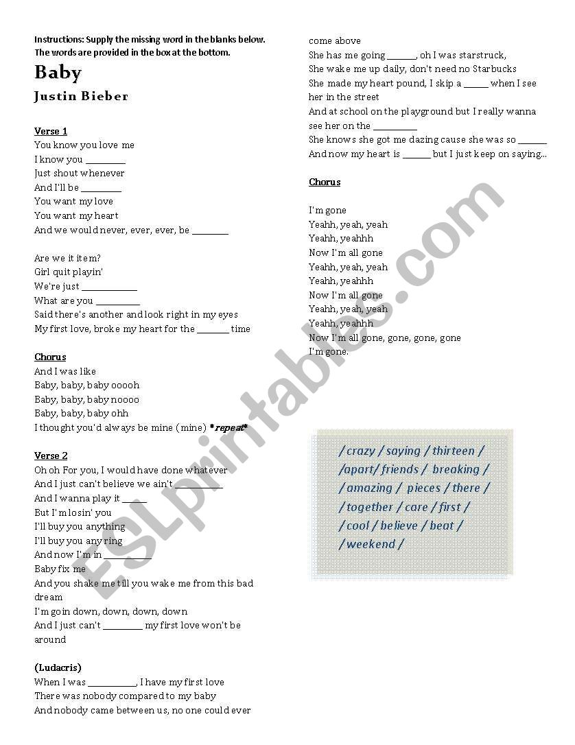 Justin Bieber - Baby worksheet