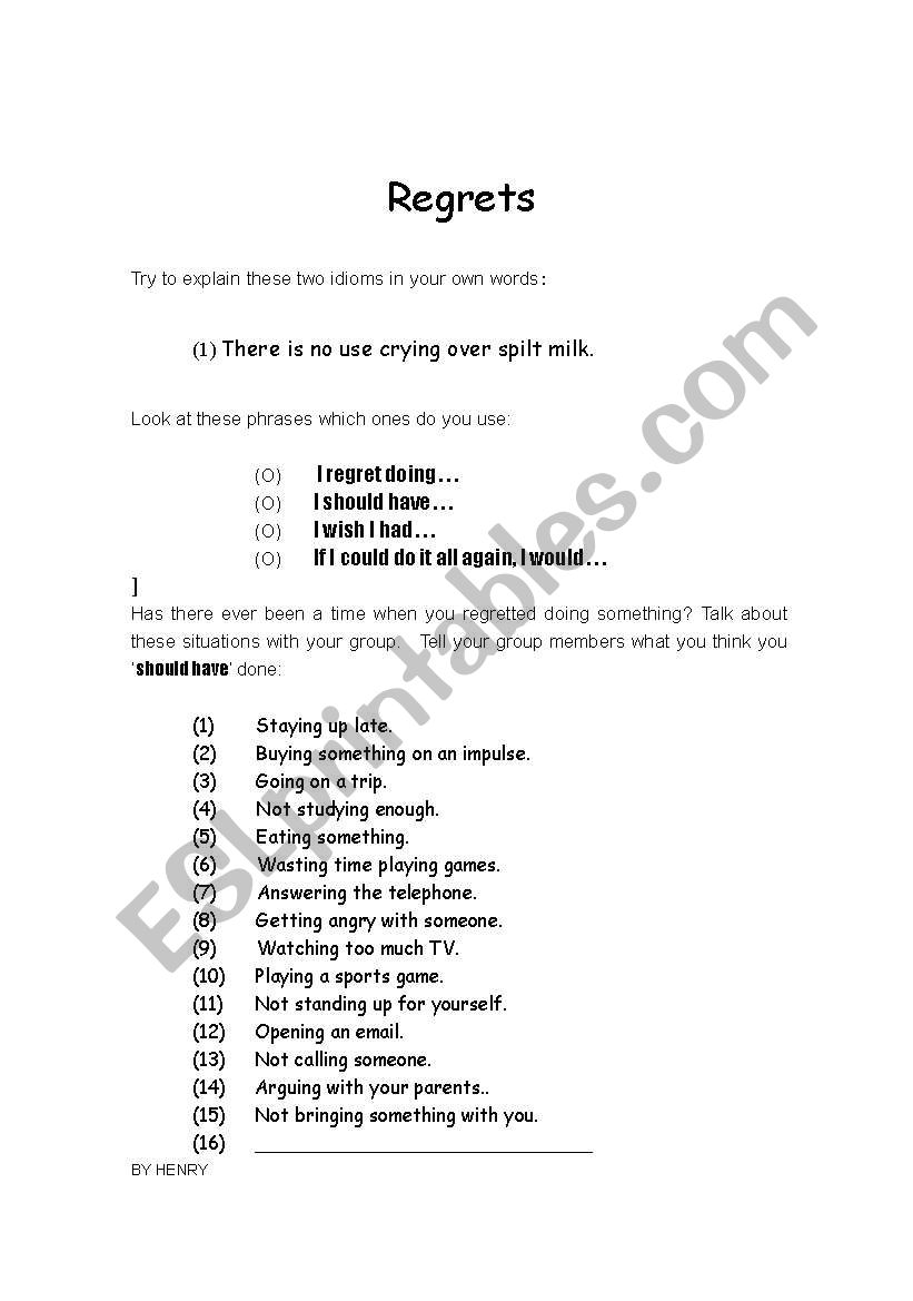 Regrets worksheet