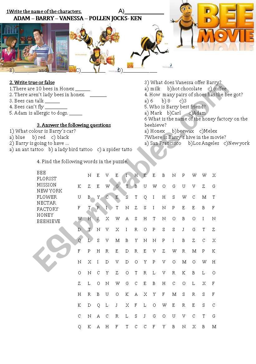 bee movie activities worksheet