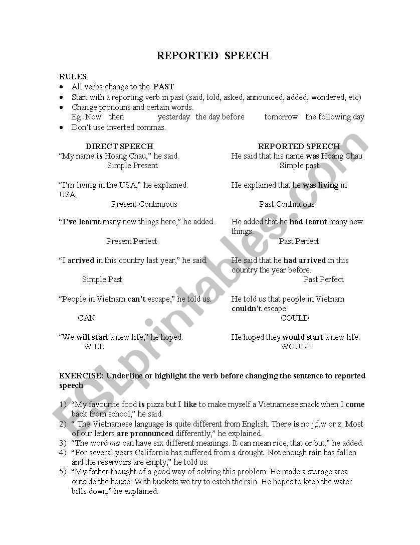 Reported Speech worksheet