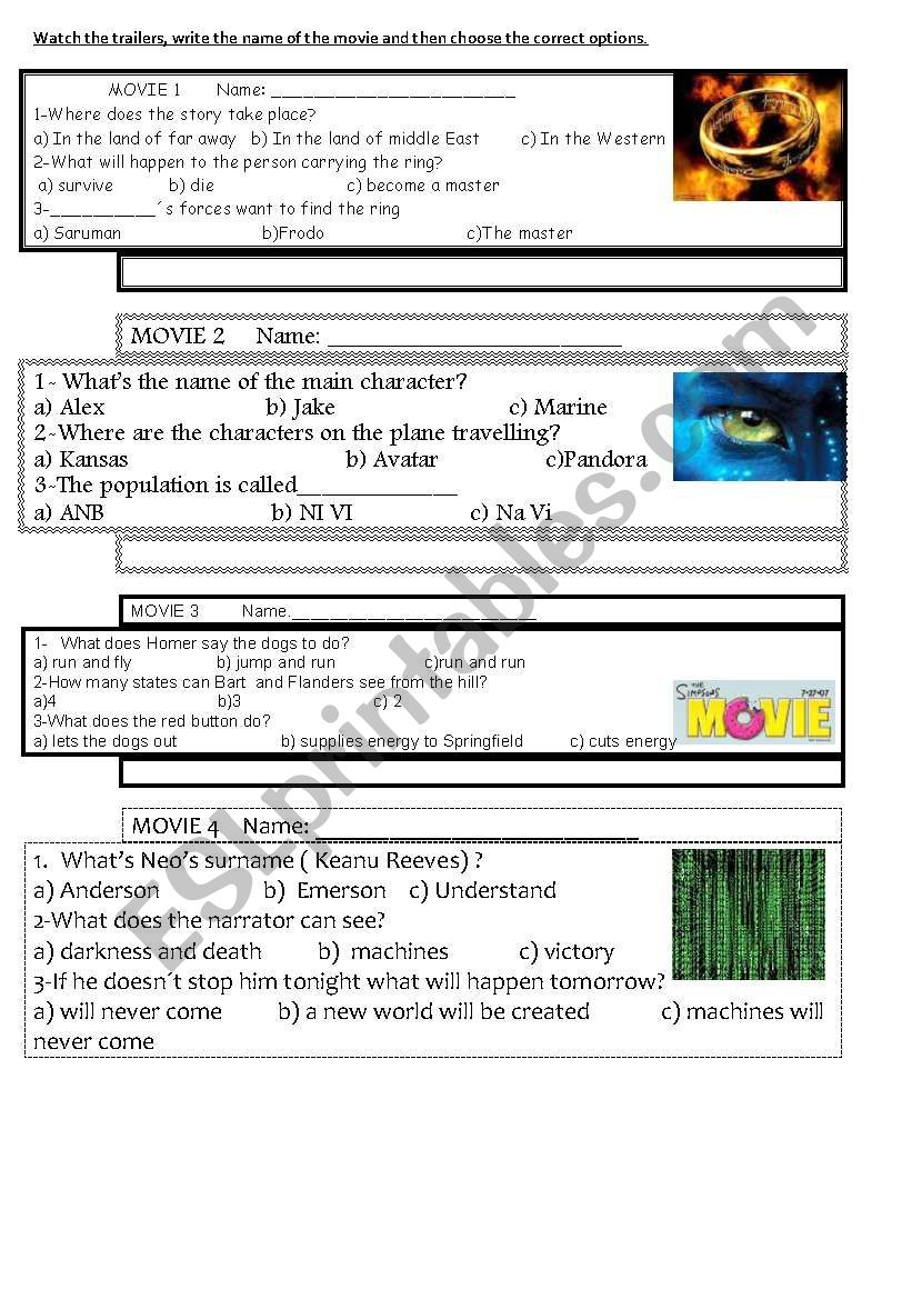 movie trailers worksheet