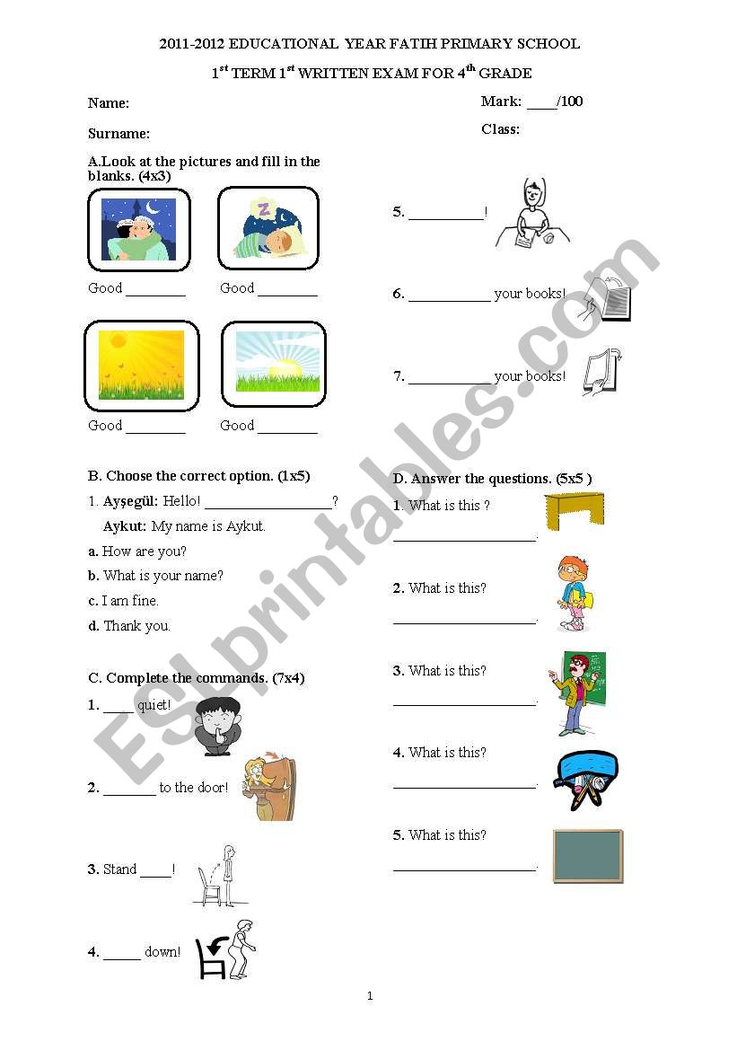 4th grades exam 1 worksheet