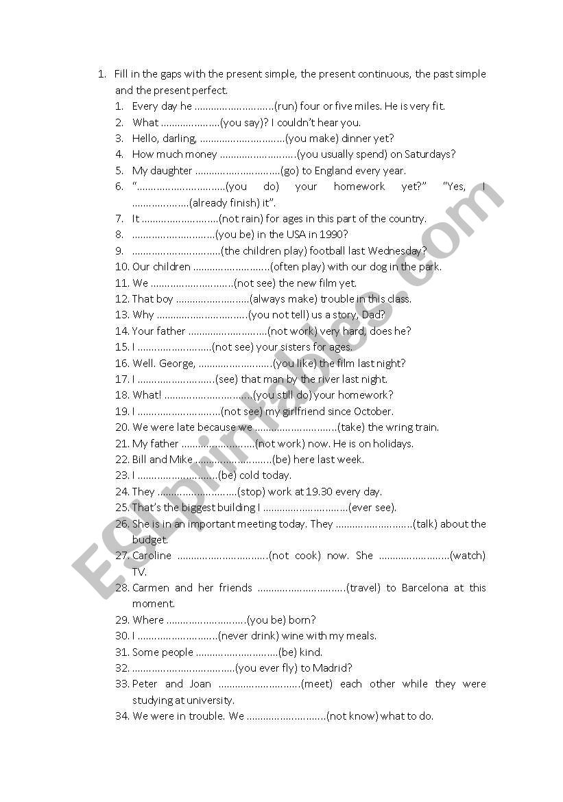 verbal tenses worksheet