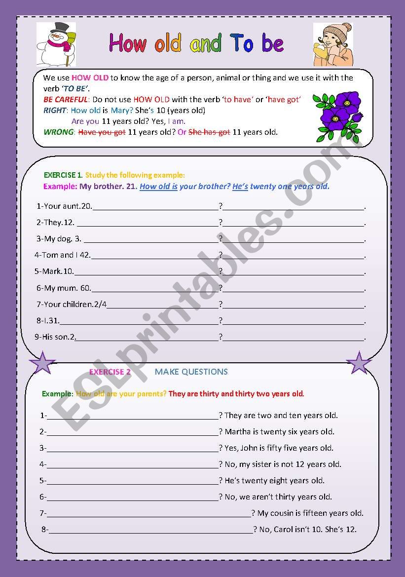 How old and to be worksheet