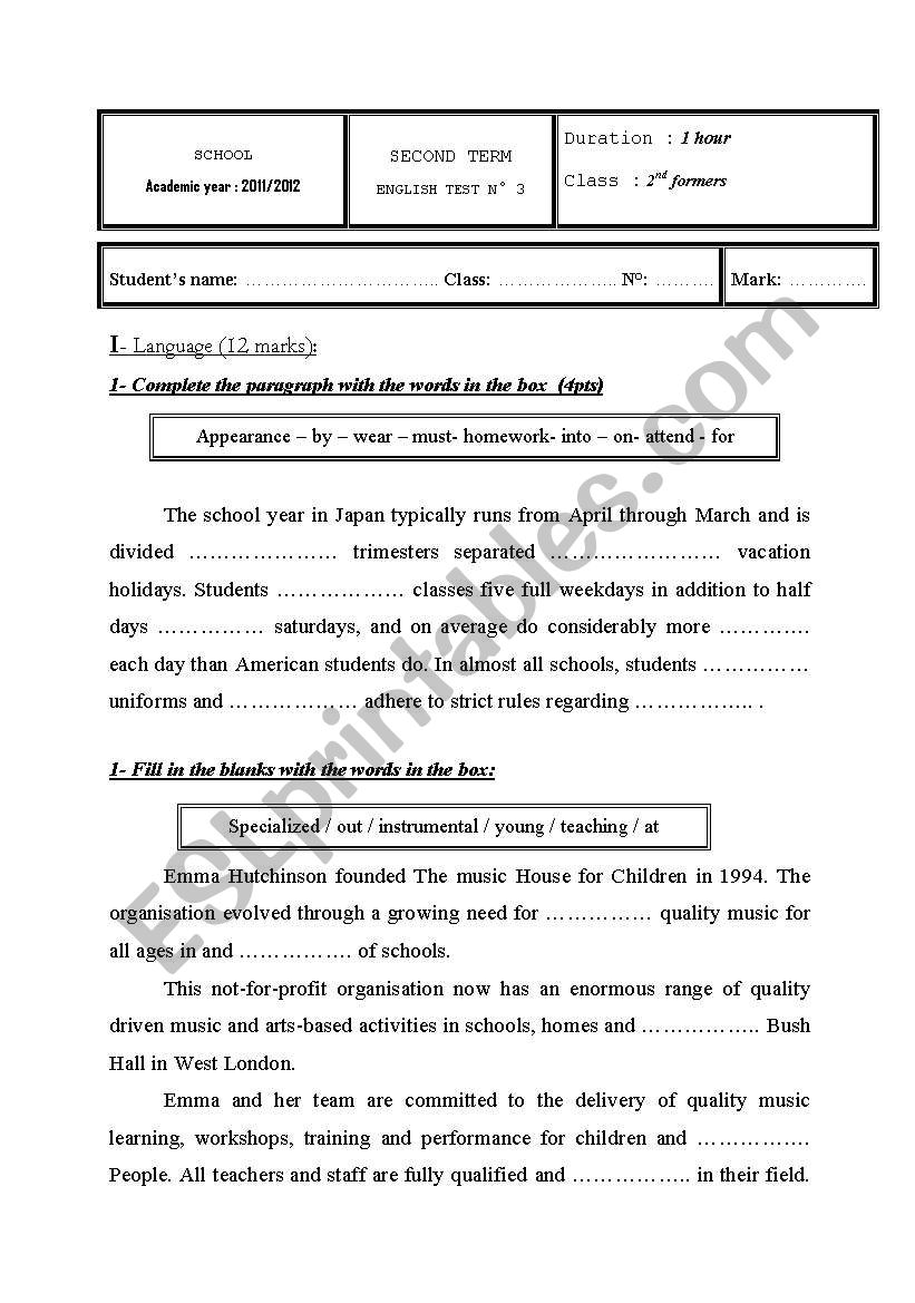 test N° 2 - ESL worksheet by mallouli hamdi