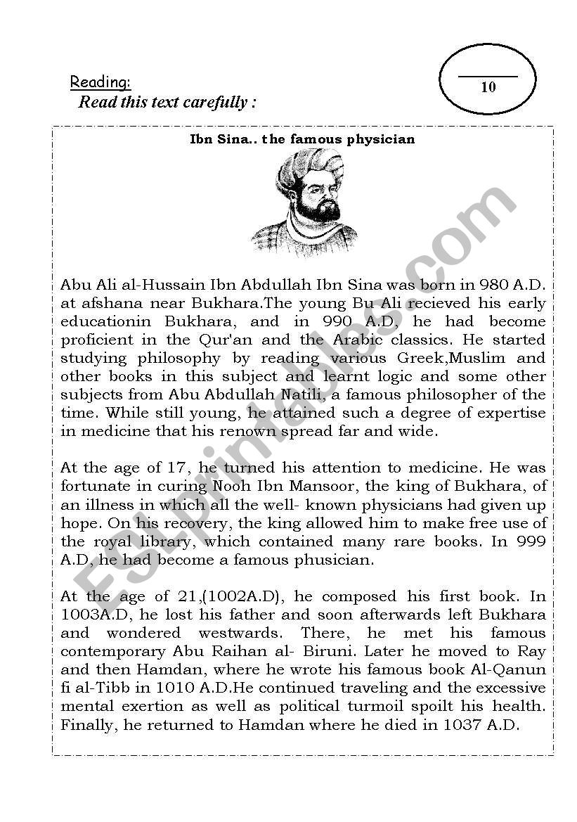 Ibn Sina: A famous physician worksheet