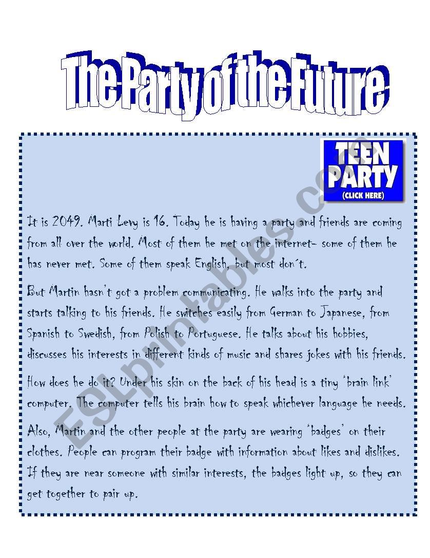 Reading: Party of the Future! worksheet
