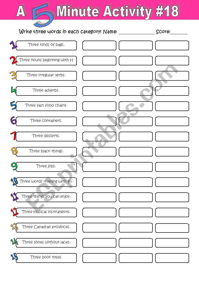 A 5 Minute Activity #18 worksheet
