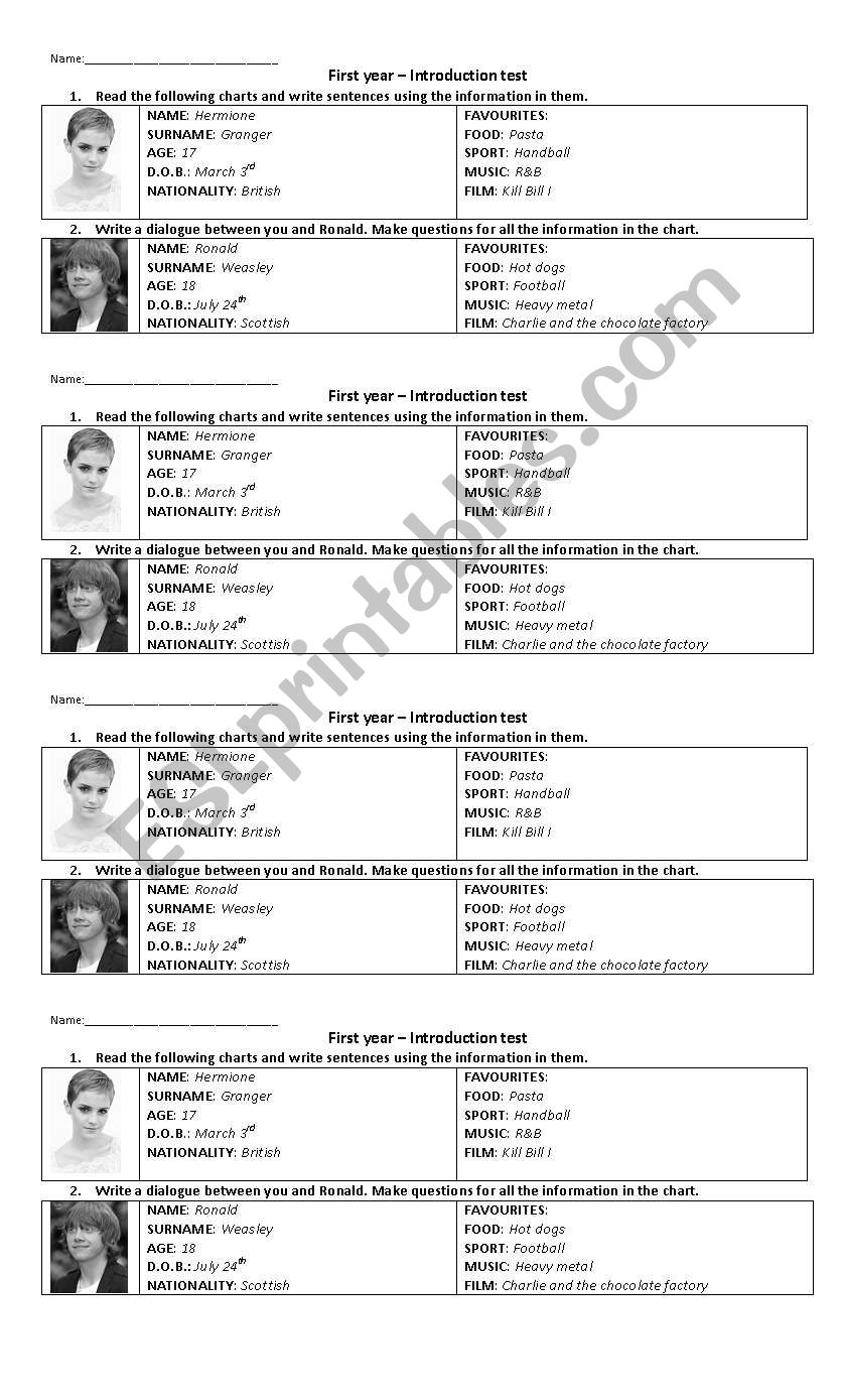 introductory test worksheet