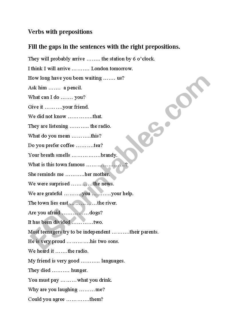 verbs with prepositions worksheet
