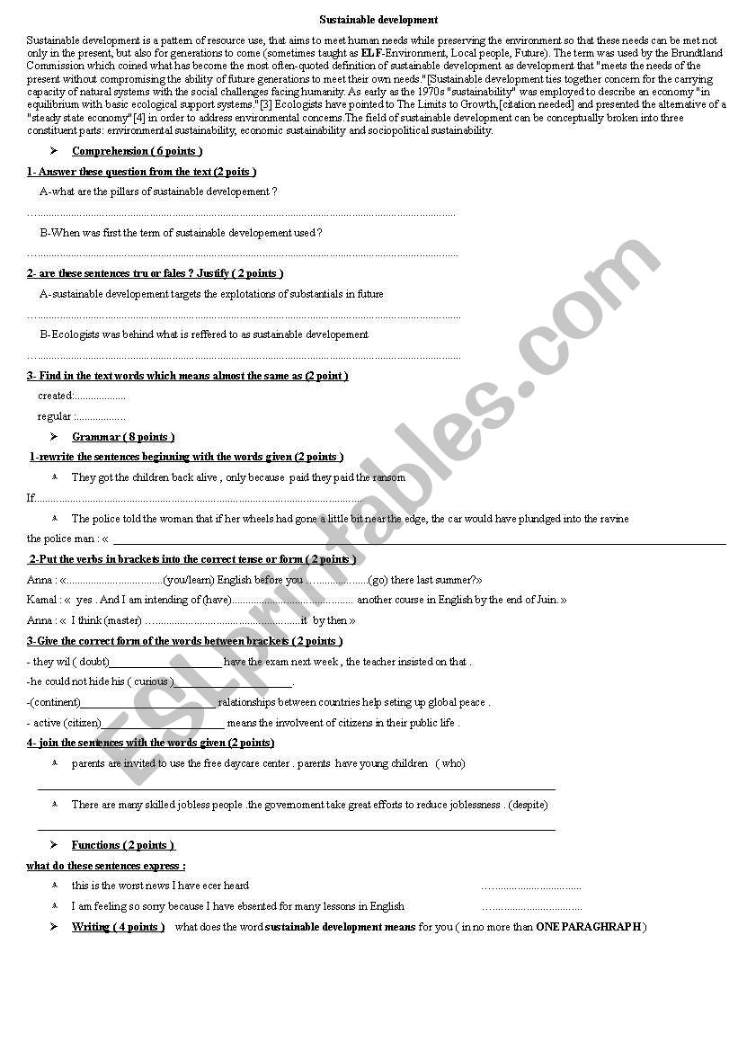 Sustainable development  worksheet