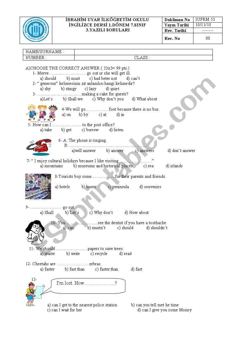 7th year 3rd exam test page worksheet
