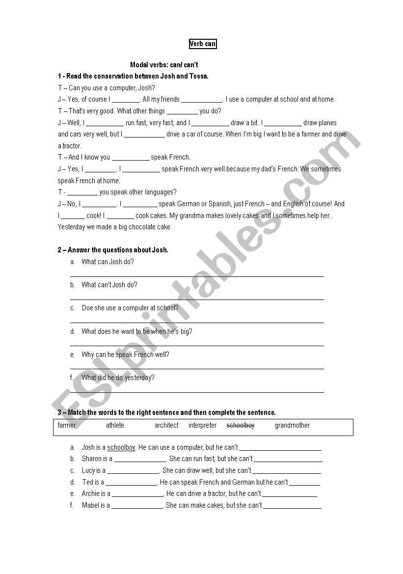 Verb can worksheet