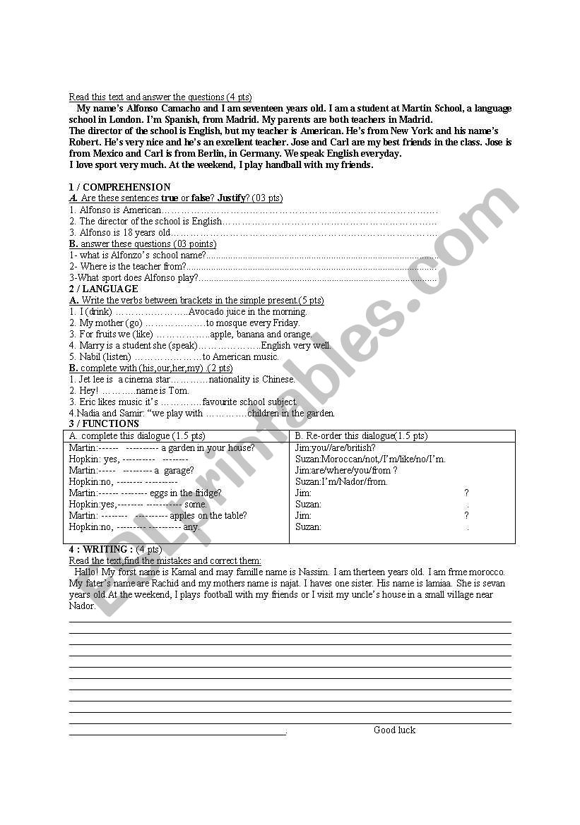 test worksheet