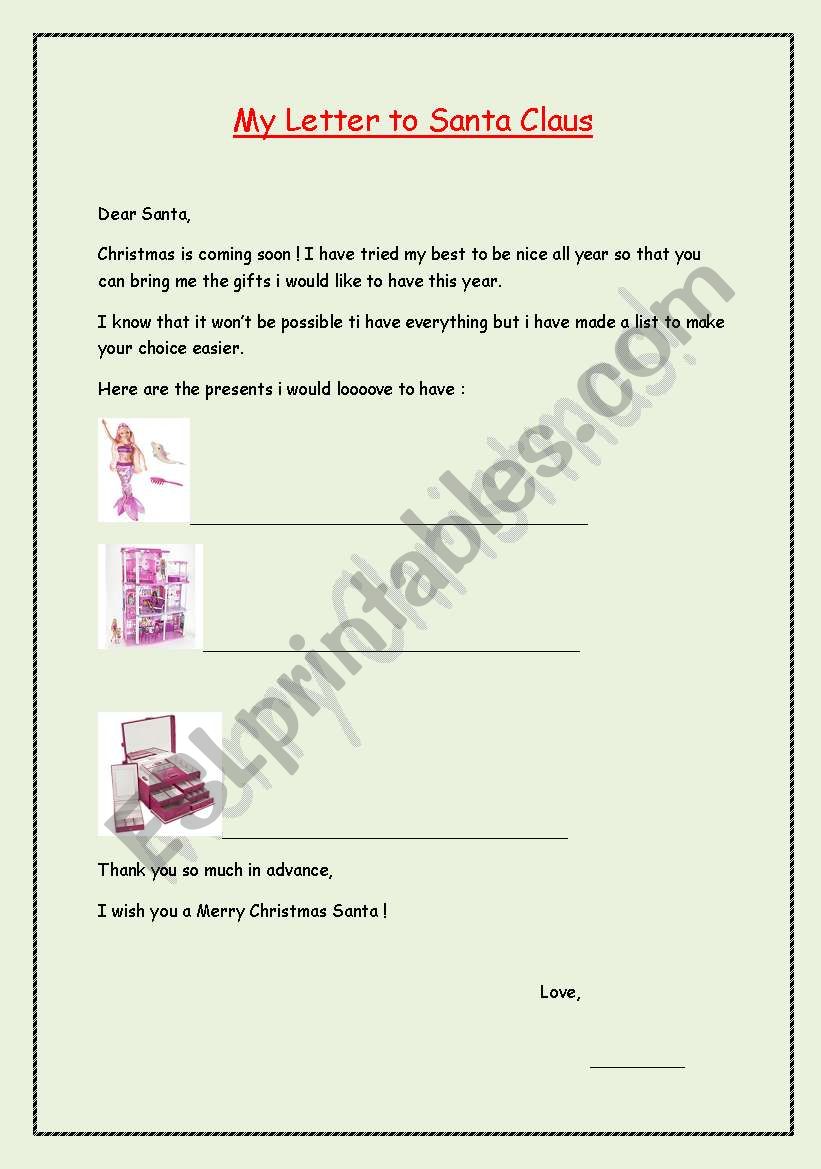 Chistmas letter worksheet