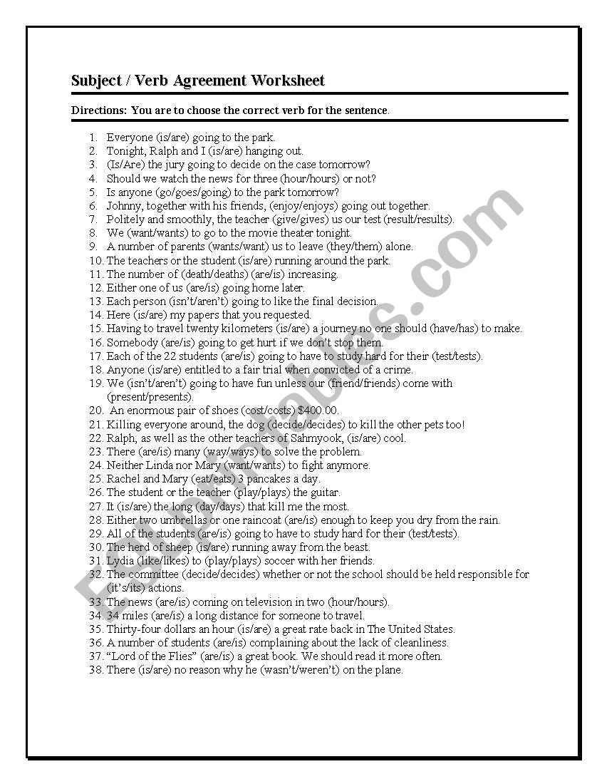 Subject verb agreement  worksheet