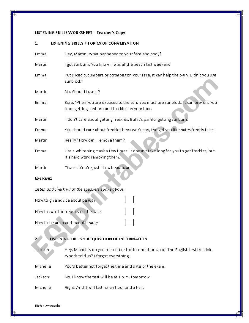 Listening Skills Worksheet worksheet