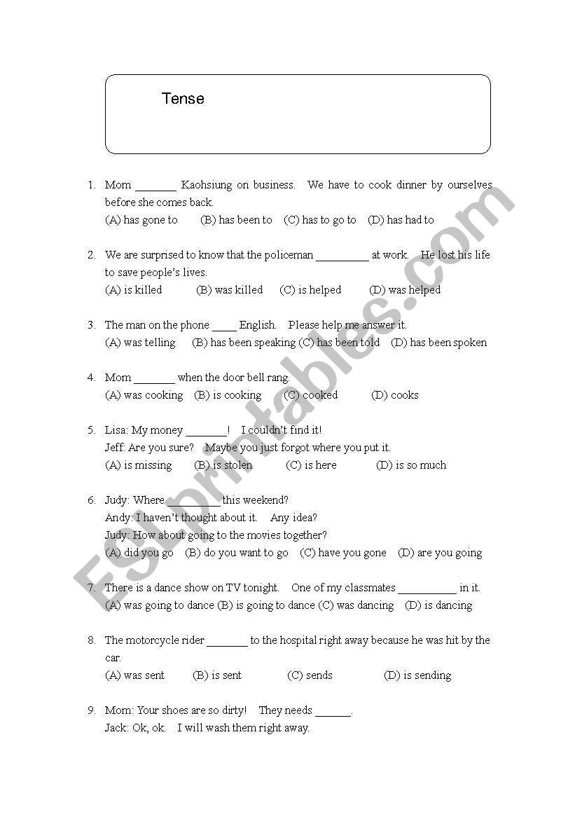 tense  worksheet