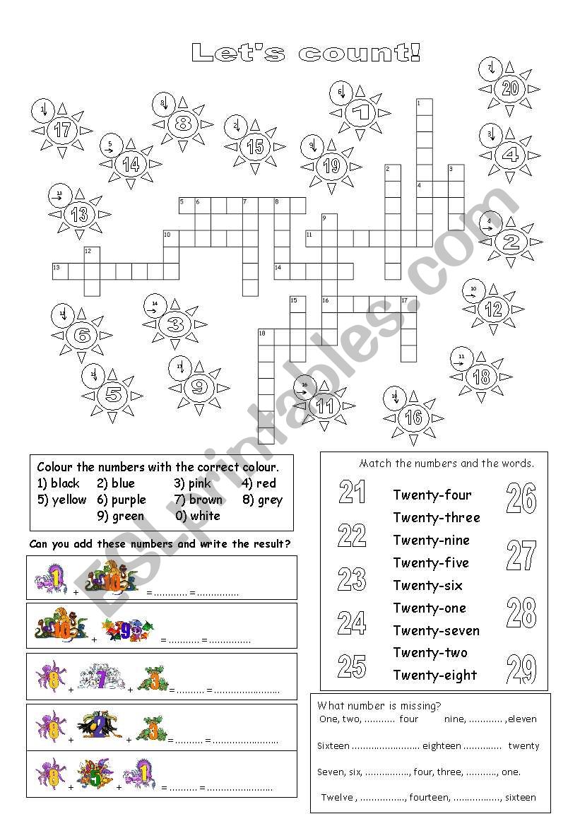 Numbers from 1 to 29 worksheet