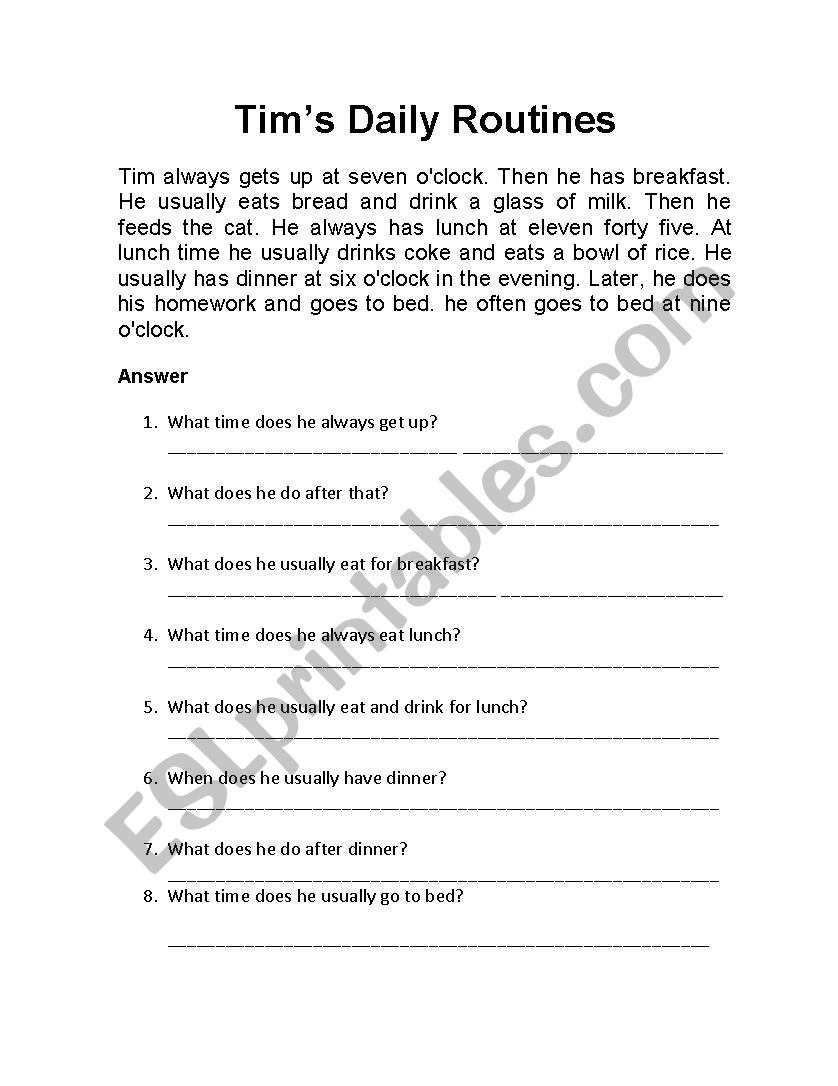 Daily routine worksheet