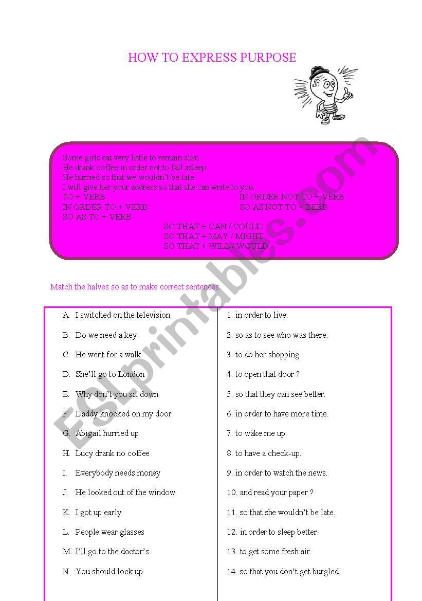 How to express purpose worksheet