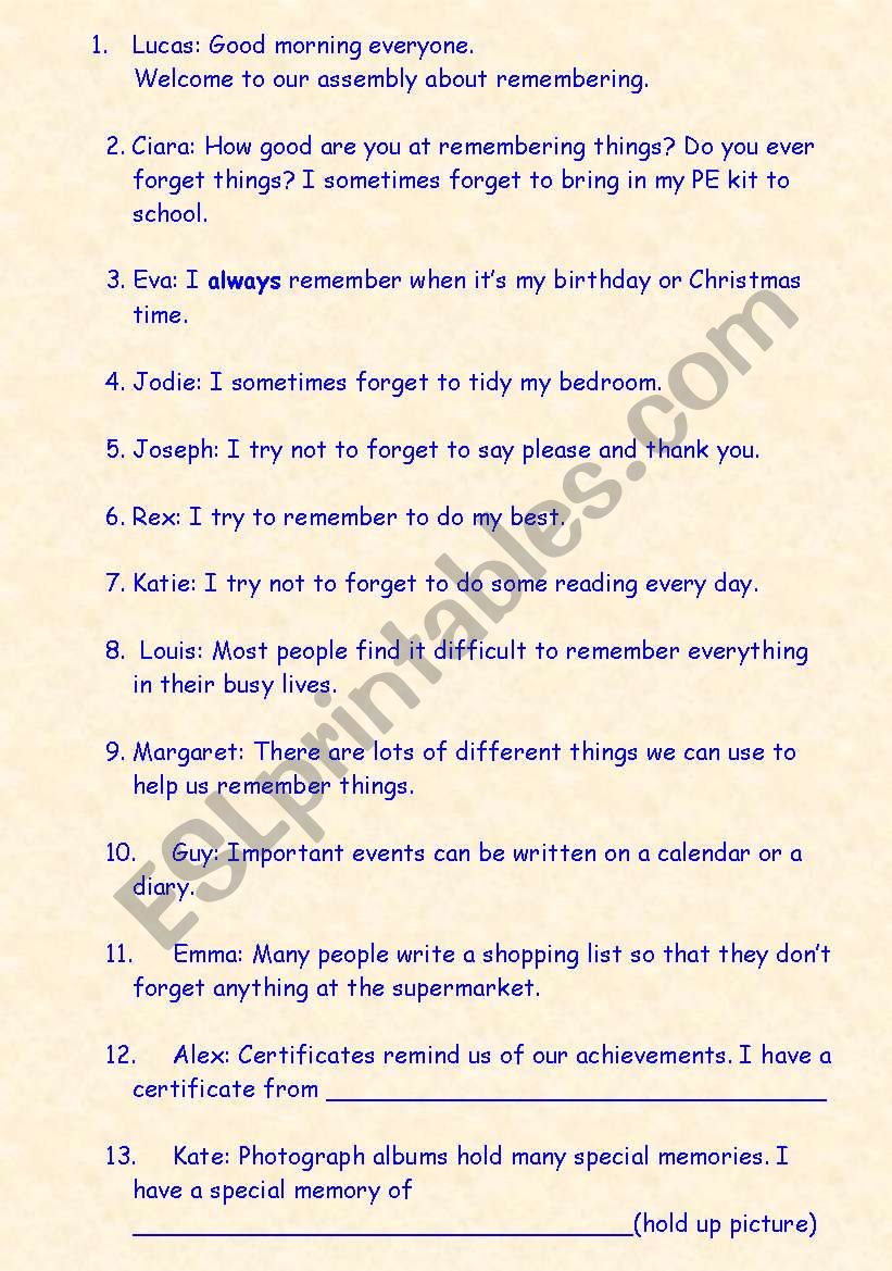 Remembrance Day Assembly worksheet