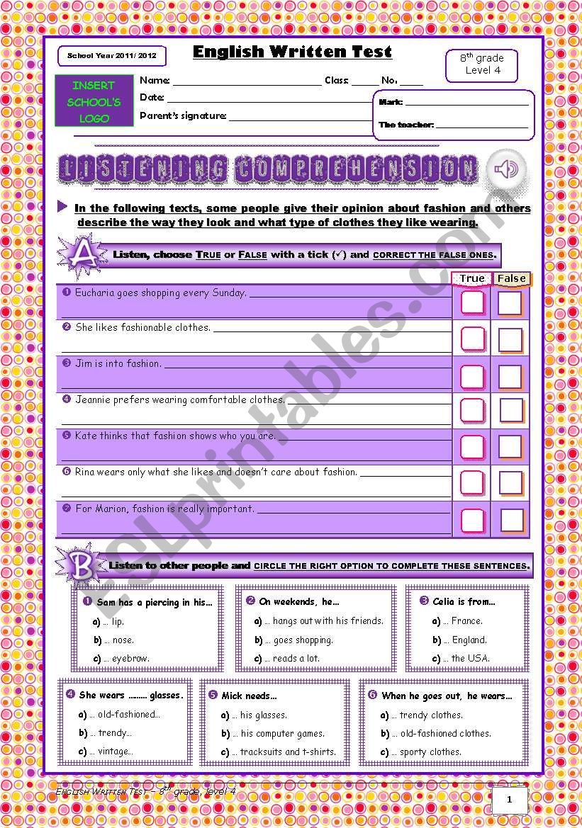 Physical appearance and clothes Test (8th grade: topic - 