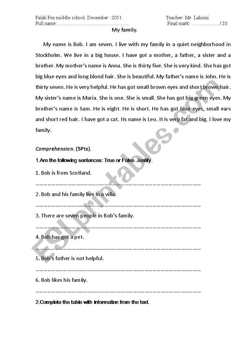 Andrews family  worksheet