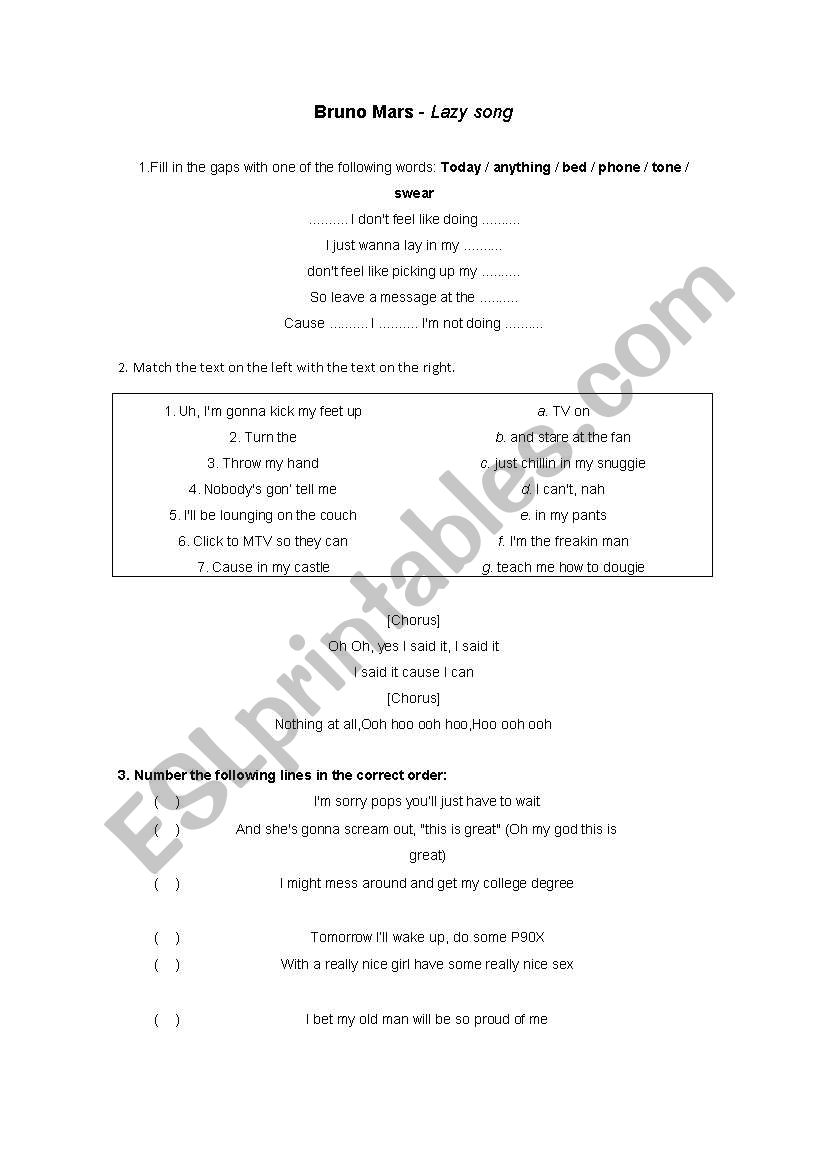 Lazy song worksheet