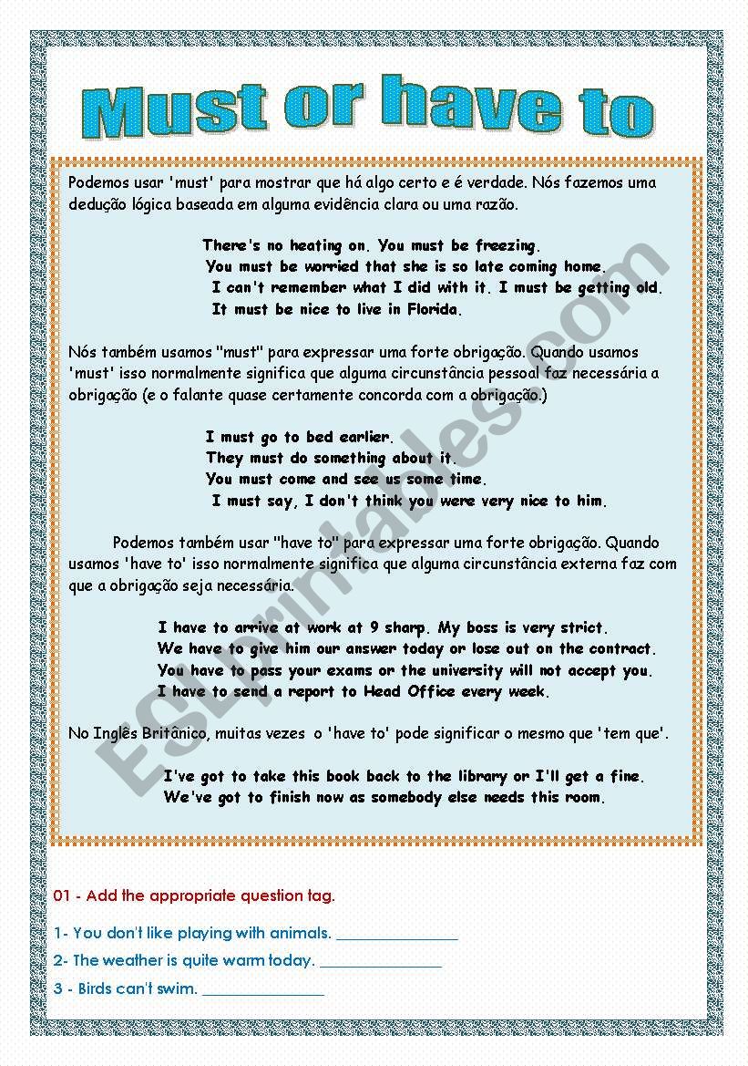 MUST OR HAVE TO - ESL worksheet by felizapenas