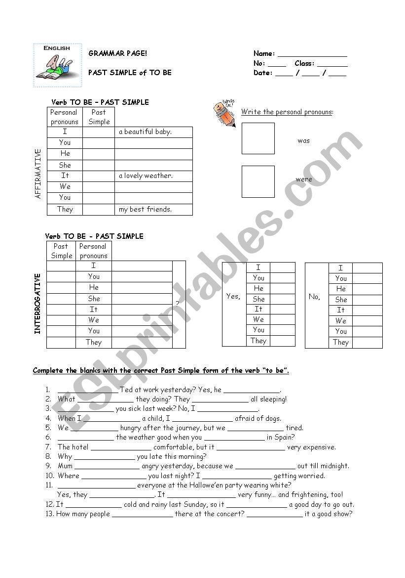 Grammar Page - Past TO BE worksheet