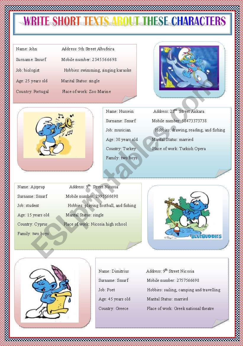 smurfs characters worksheet
