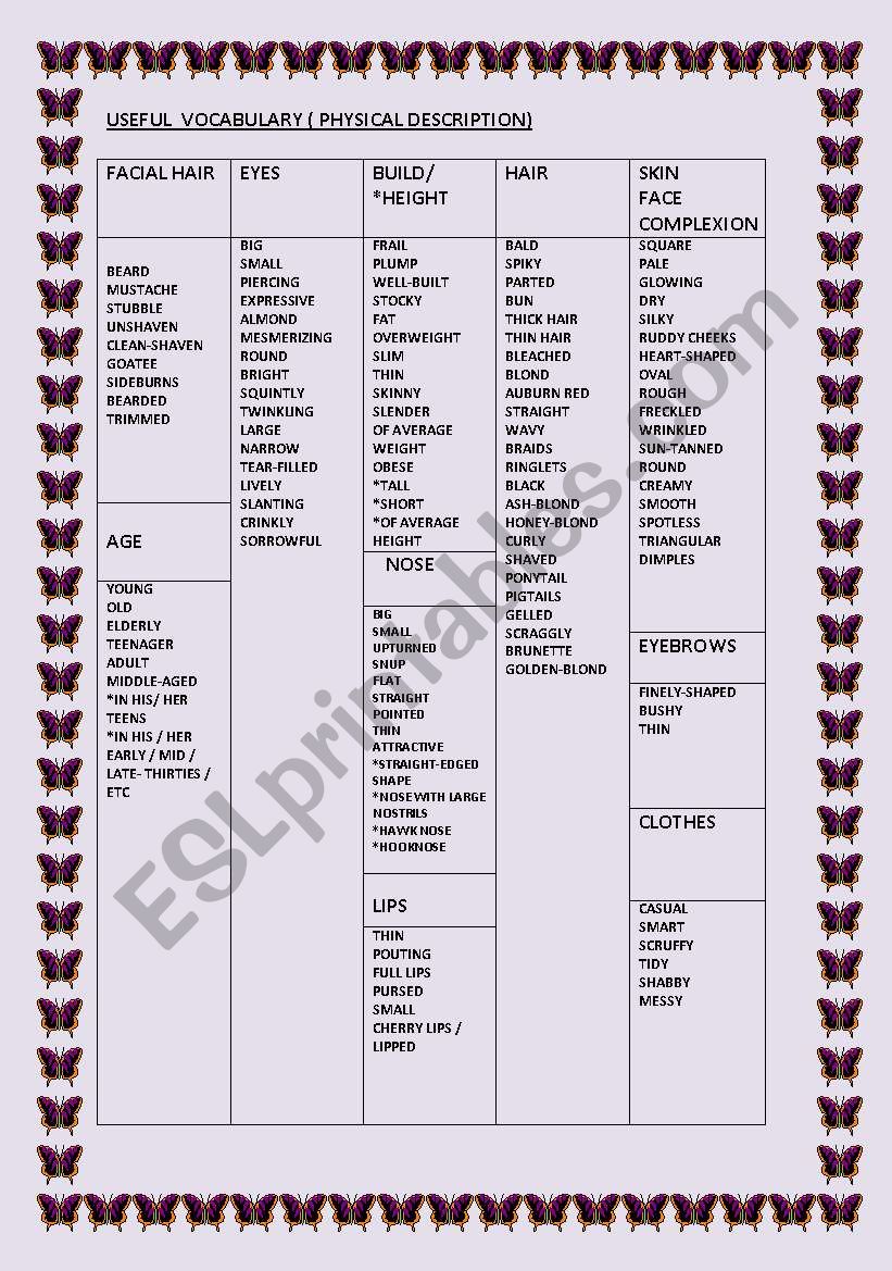 Writing physical description using the vocabulary from the chart.