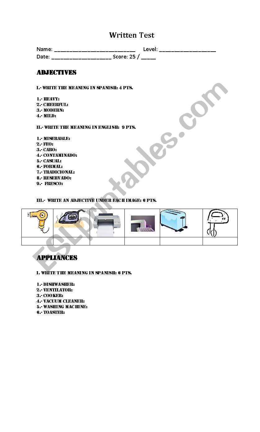 ADJECTIVES AND APPLIANCES worksheet